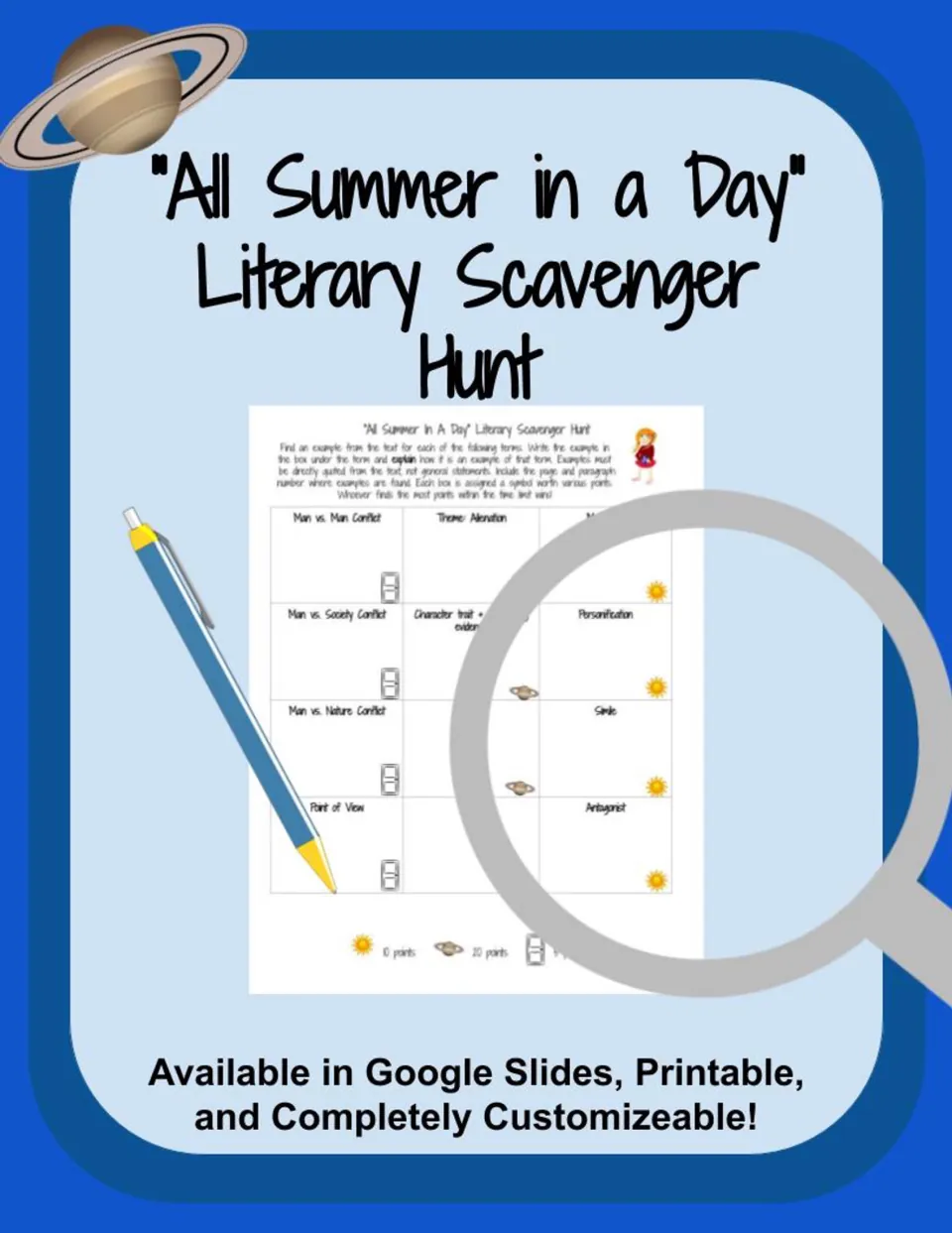 Cover of the "All Summer In A Day" Literary Scavenger Hunt, available in Google Slides and printable form