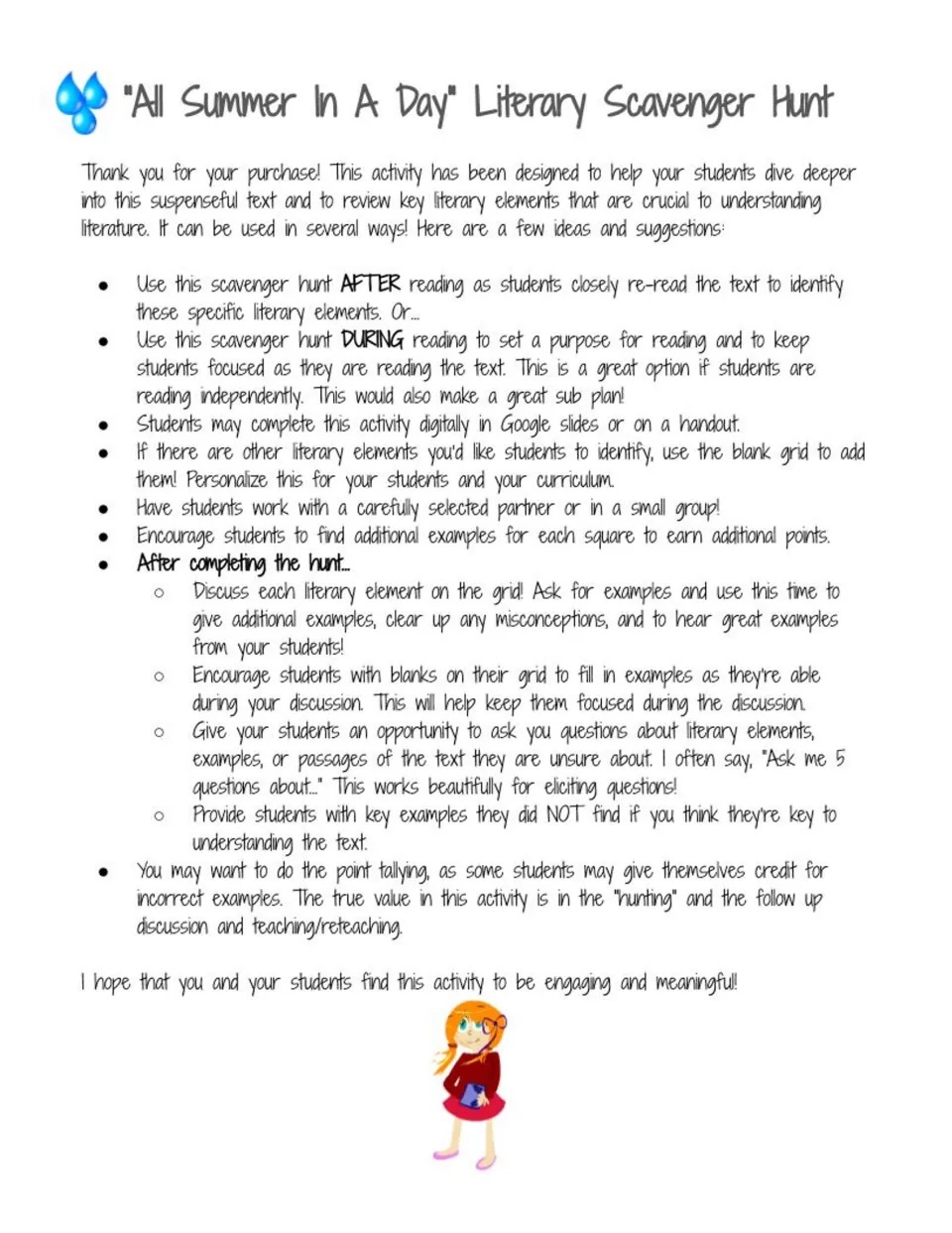 Teacher directions for using the scavenger hunt during or after reading, with partners and follow-up discussion