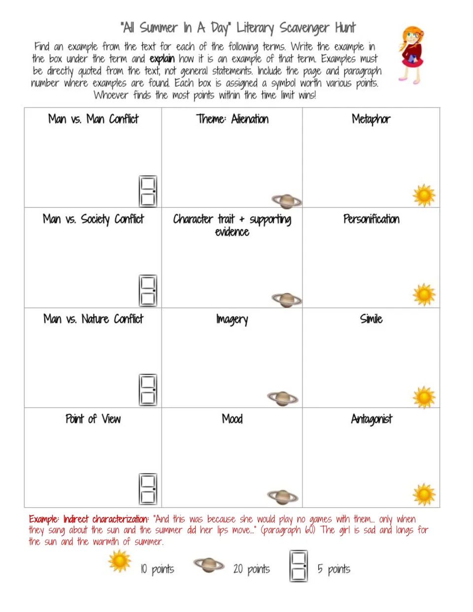 Scavenger hunt activity with 12 prompts covering conflict, alienation, imagery, figurative language, and more