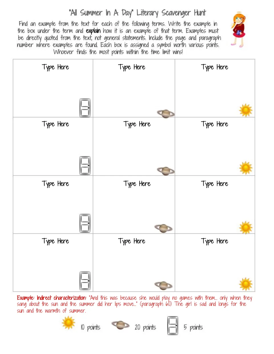 Customizable scavenger hunt sheet with 12 "Type Here" prompts and directions to quote and explain text evidence