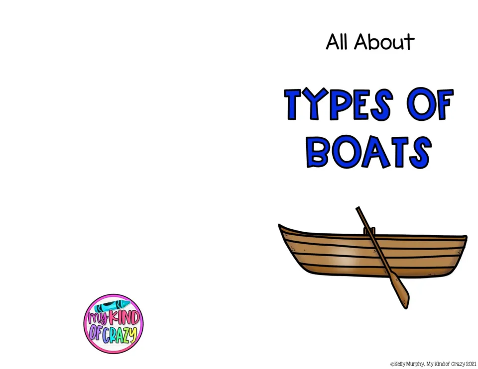 Color cover of the boat adapted book reads 'All About Types of Boats' and features a rowboat with an oar.