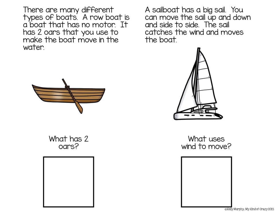 Color book pages introduce a rowboat and sailboat, asking what has two oars and what uses wind to move.