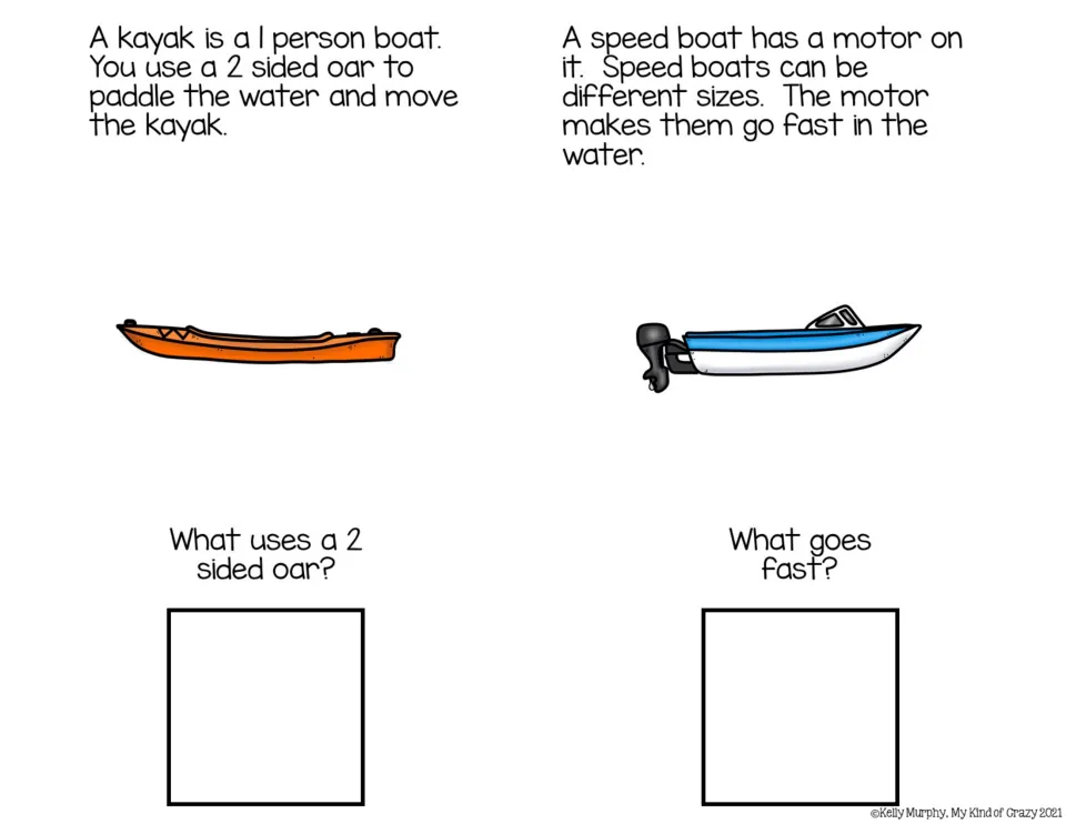 Color book pages describe a kayak and speedboat, asking what uses a two-sided oar and what goes fast.