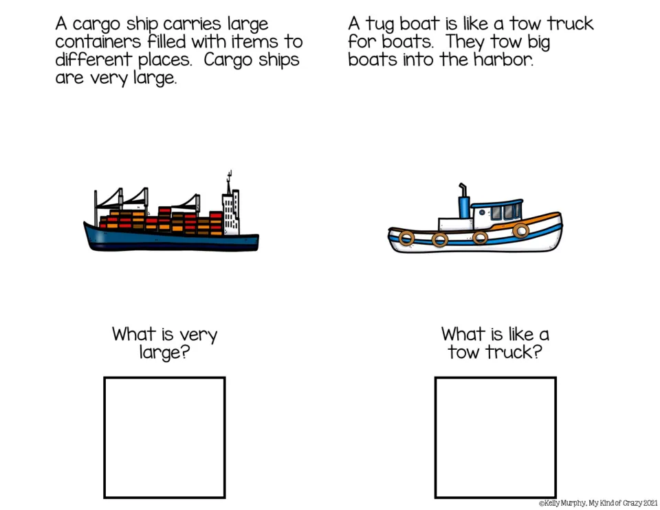 Color book pages describe a cargo ship and tugboat, asking what is very large and what is like a tow truck.