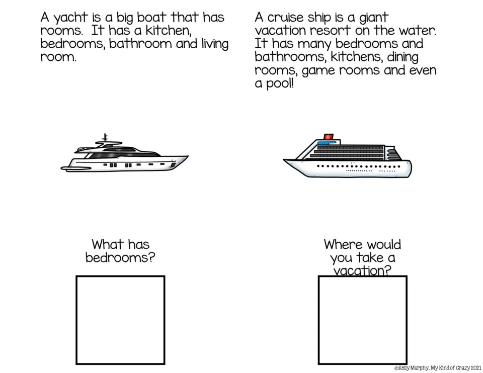 Color book pages describe a yacht and cruise ship, asking what has bedrooms and where to take a vacation.