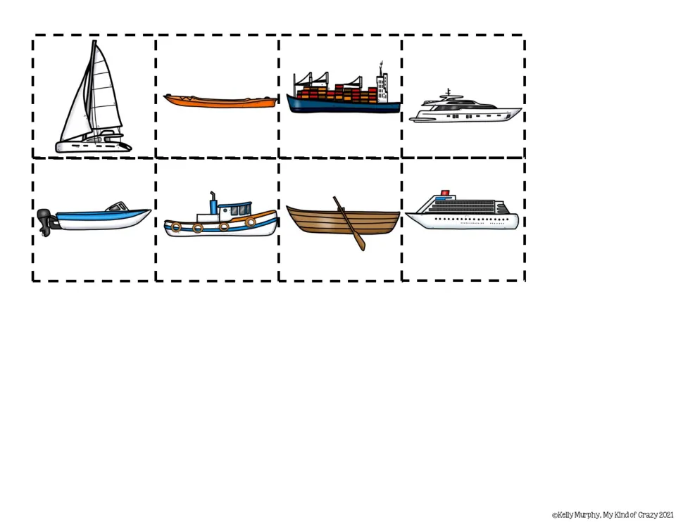 Eight color boat picture pieces for the book's cut-and-paste questions: sailboat, kayak, cargo ship, and five more.