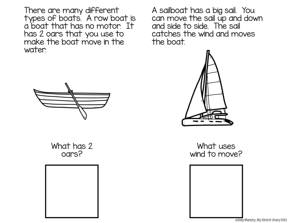 Black-and-white book pages explain rowboat oars and sailboat wind power, with a question about each boat.