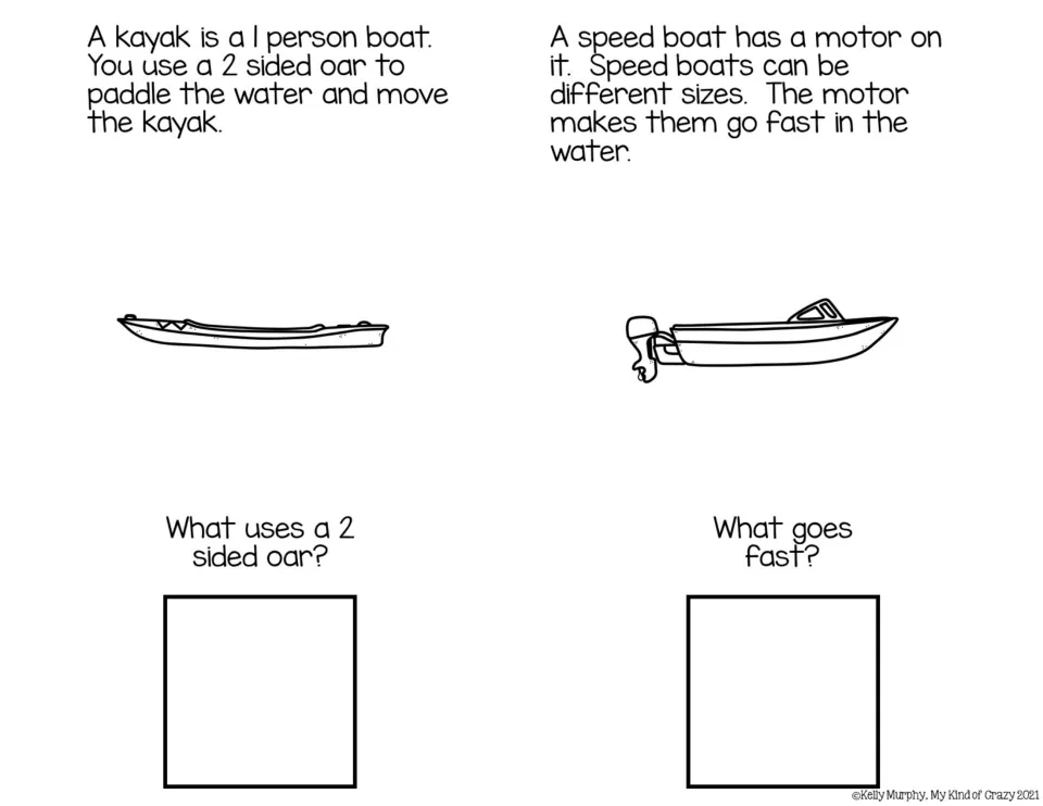 Black-and-white book pages explain a kayak's two-sided oar and a speedboat's motor, with questions for each.
