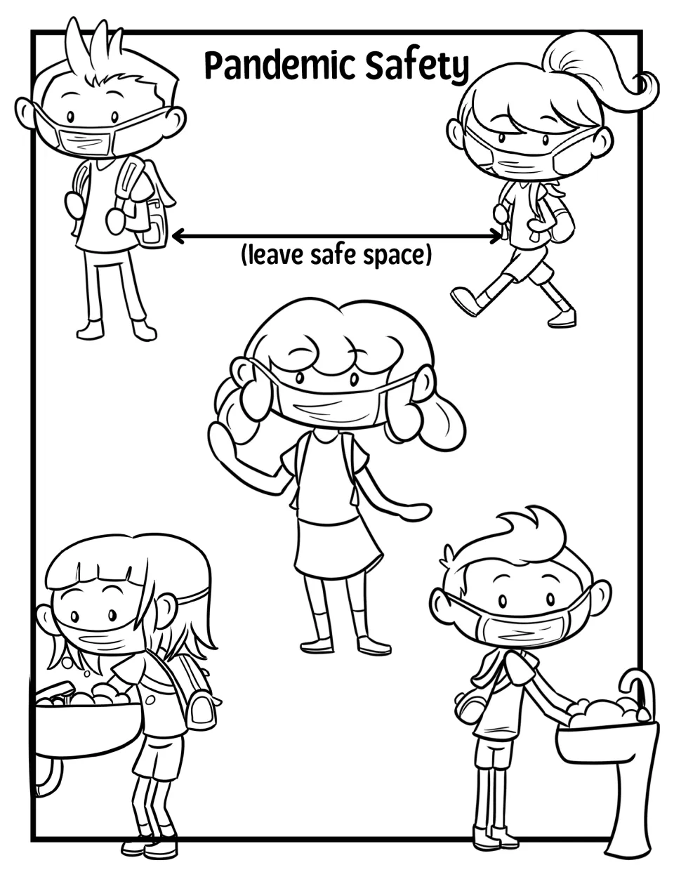 Pandemic Safety coloring page: masked children keep a safe space apart, wave hello and wash hands at sinks