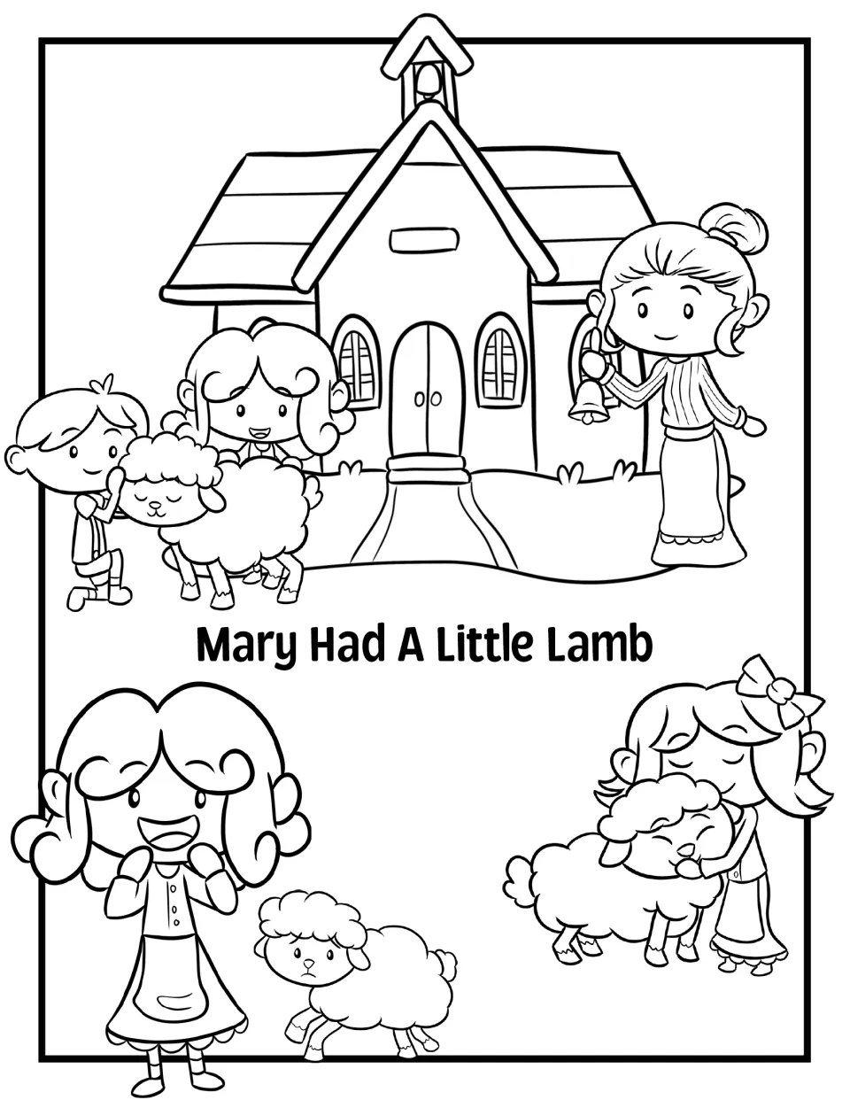 Mary Had A Little Lamb nursery rhyme art: Mary and her lamb, kids hugging it and a teacher ringing a bell at school