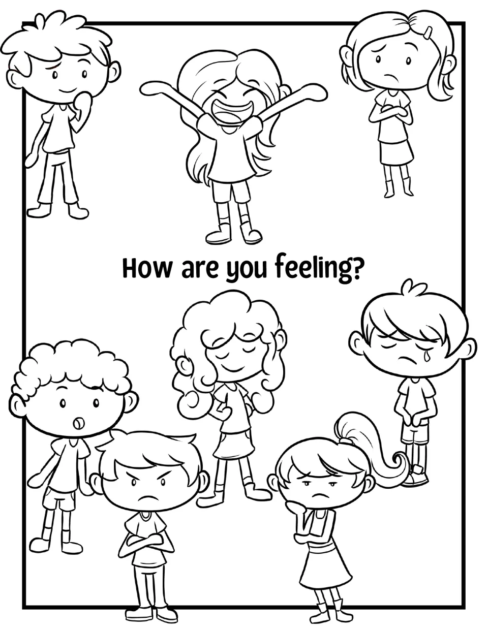 How are you feeling? Children showing emotions: happy, shy, worried, surprised, angry and sad, ready for coloring