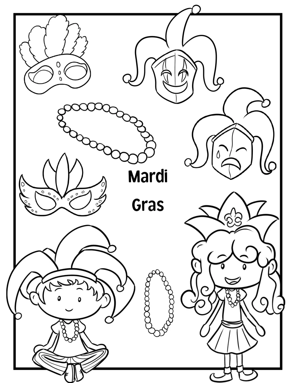 Mardi Gras picture to color: feathered masks, happy and sad jester masks, bead necklaces and two costumed kids