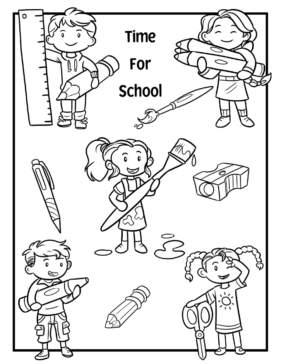 Time For School: kids carry giant school supplies, a ruler, pencils, crayons, paintbrush, scissors and a sharpener