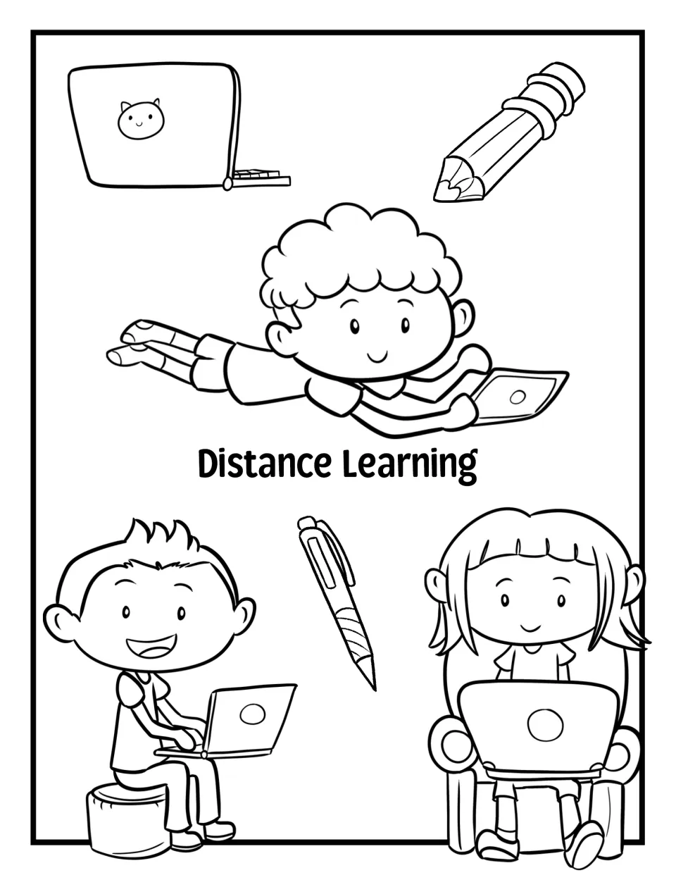 Distance Learning to color: children use laptops on a stool, an armchair and the floor, plus a pen and pencil