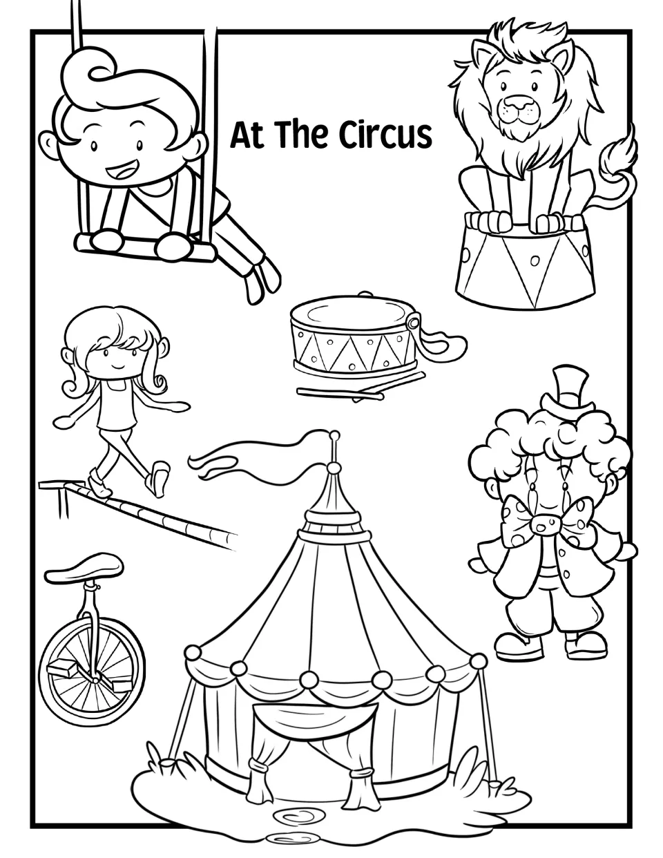 At The Circus: trapeze swinger, tightrope walker, lion on a stand, clown, drum, unicycle and big top tent to color in