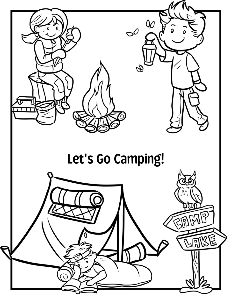 Let's Go Camping! A campfire, marshmallow roast, lantern, tent with a reader, owl and Camp and Lake signs to color