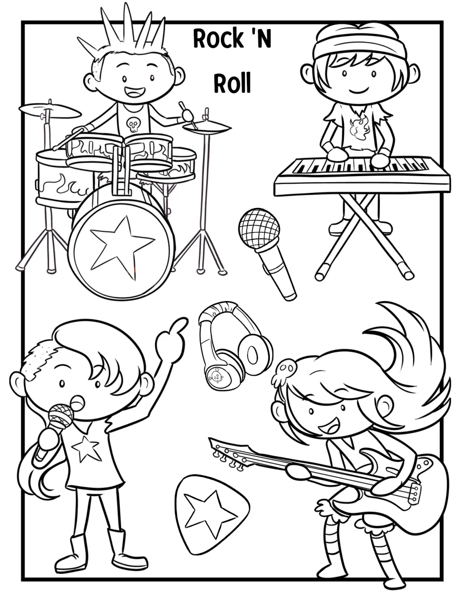 Rock 'N Roll band to color: children play drums, keyboard and guitar and sing, with a microphone, headphones and pick