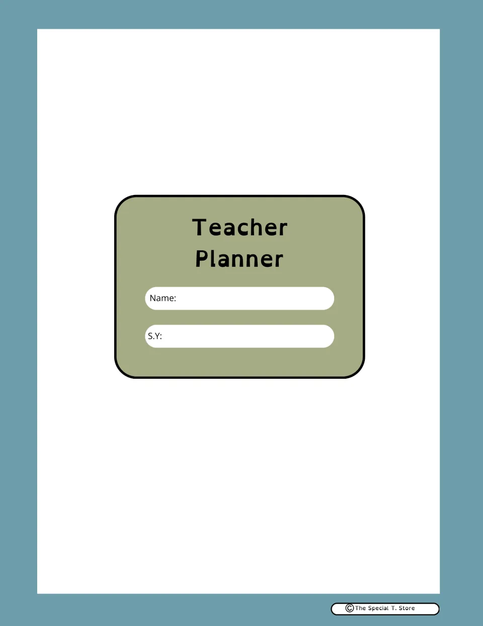 Teacher planner cover with spaces to enter the teacher's name and school year beneath the planner heading