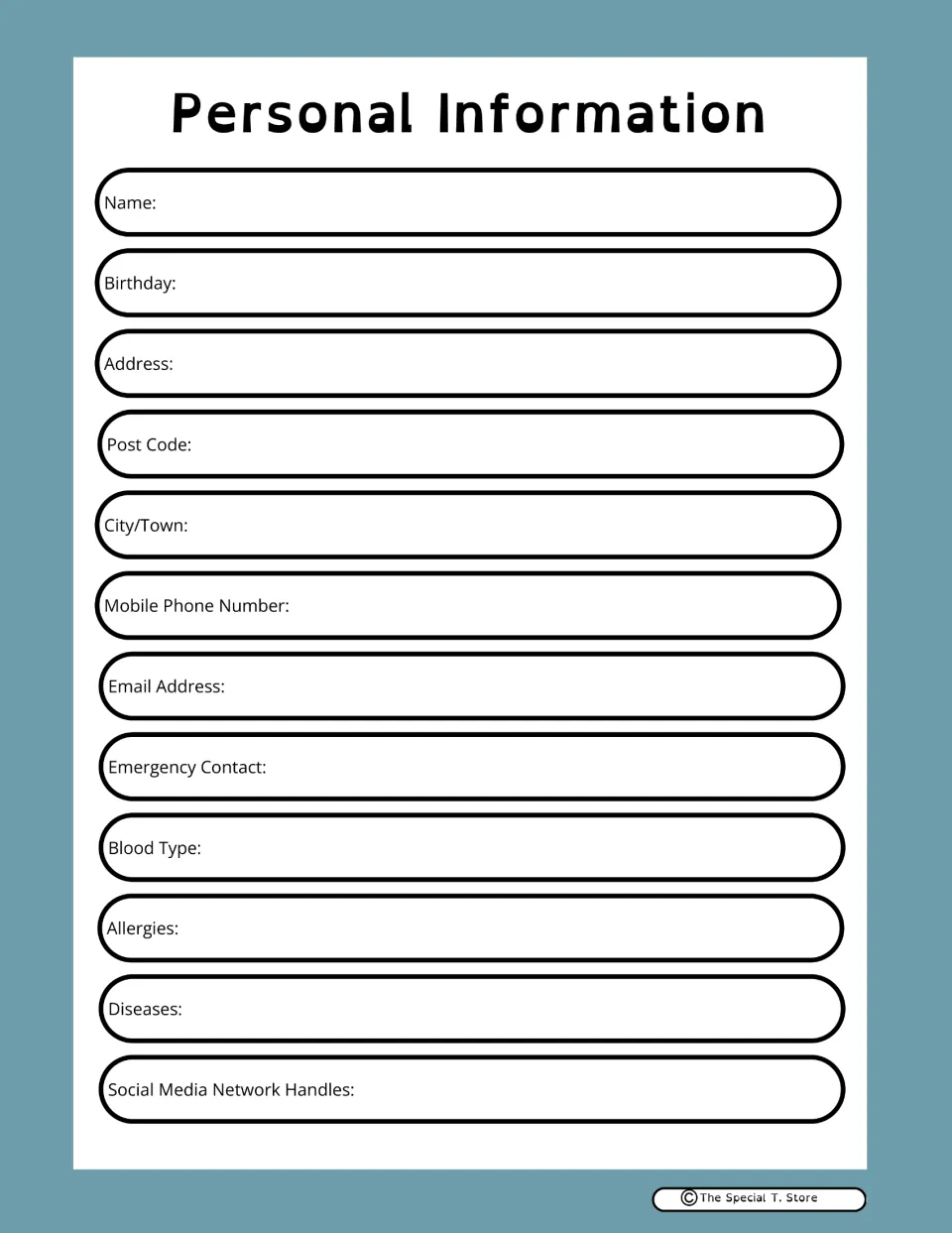 Personal Information form for the teacher's contact details, emergency contact, health details, and birthday