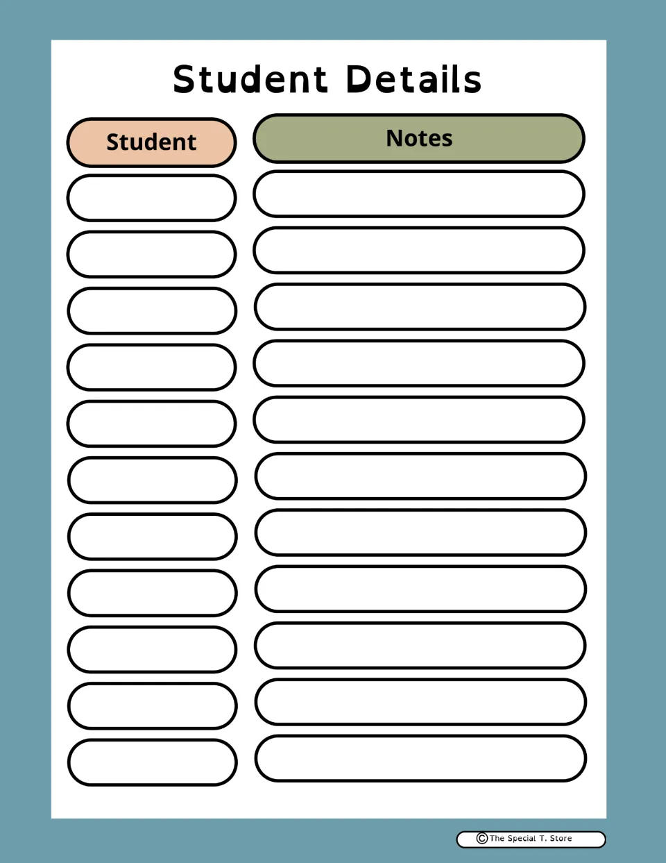 Student Details record in the teacher planner for listing 11 students and recording notes about each one