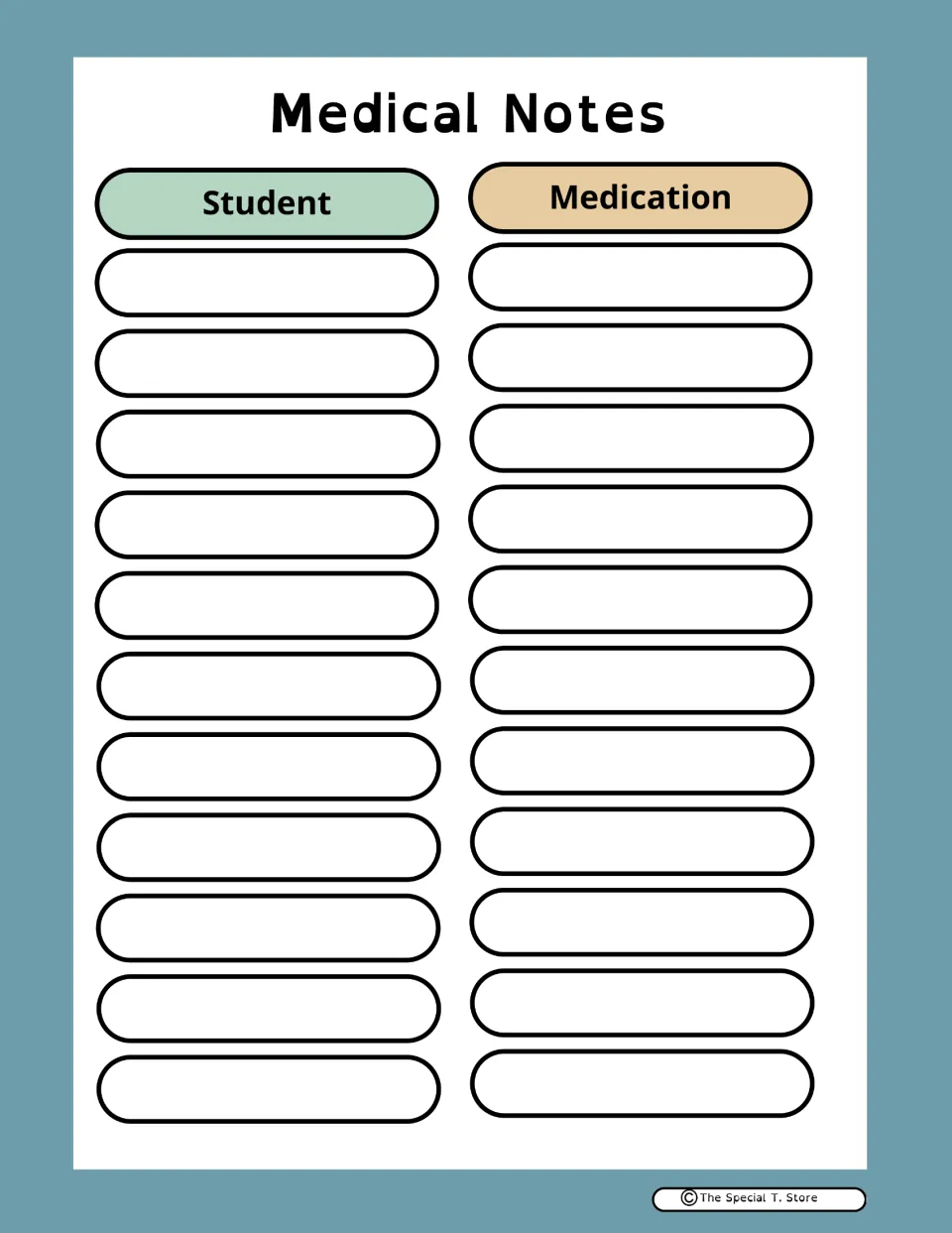 Medical Notes record in the teacher planner for listing 11 students and their medication information