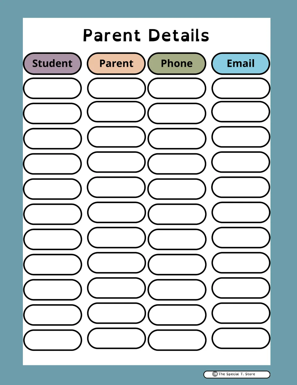 Parent Details contact record for 11 students, with parent names, phone numbers, and email addresses