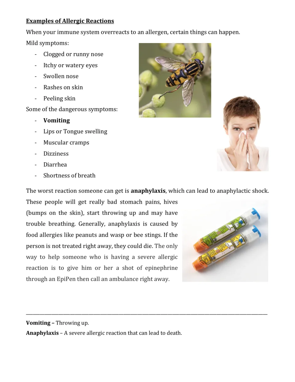 Examples of allergic reactions: students read mild and dangerous symptom lists and how an EpiPen treats anaphylaxis