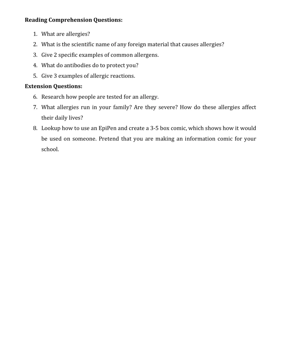 Reading comprehension: students answer five questions on allergens and antibodies, then extension tasks like an EpiPen comic