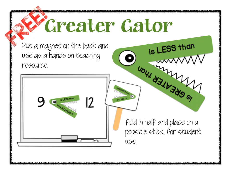 Greater Gator cover: a green gator comparison symbol labeled is less than and is greater than, shown on a board and a stick