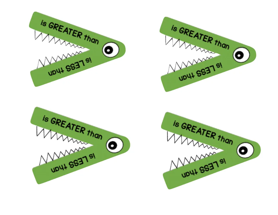 Four gator cut-outs, with is GREATER than on the top jaw and is LESS than on the bottom, to fold onto popsicle sticks