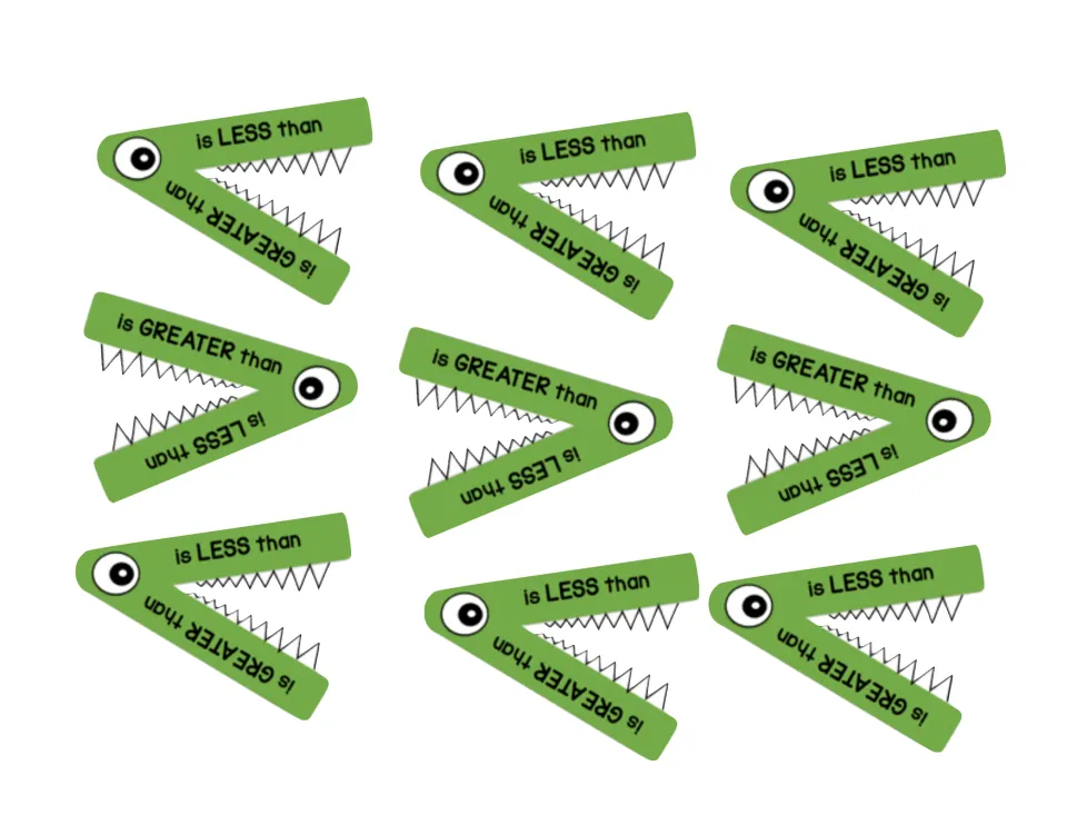 Nine small gator cut-outs in rows, some pointing left and some right, labeled is LESS than and is GREATER than on the jaws