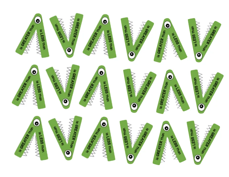 Eighteen mini gator cut-outs set upright and upside down, each jaw marked is GREATER than or is LESS than for number pairs