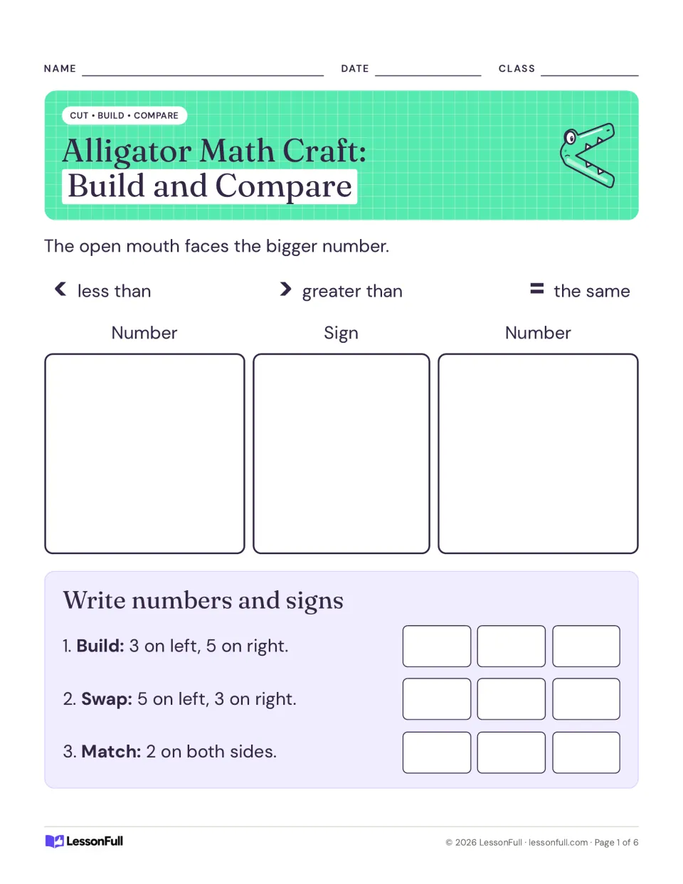 Alligator Math Craft mat: place number and sign cards to compare, then write 3 and 5, 5 and 3, and 2 and 2 with signs