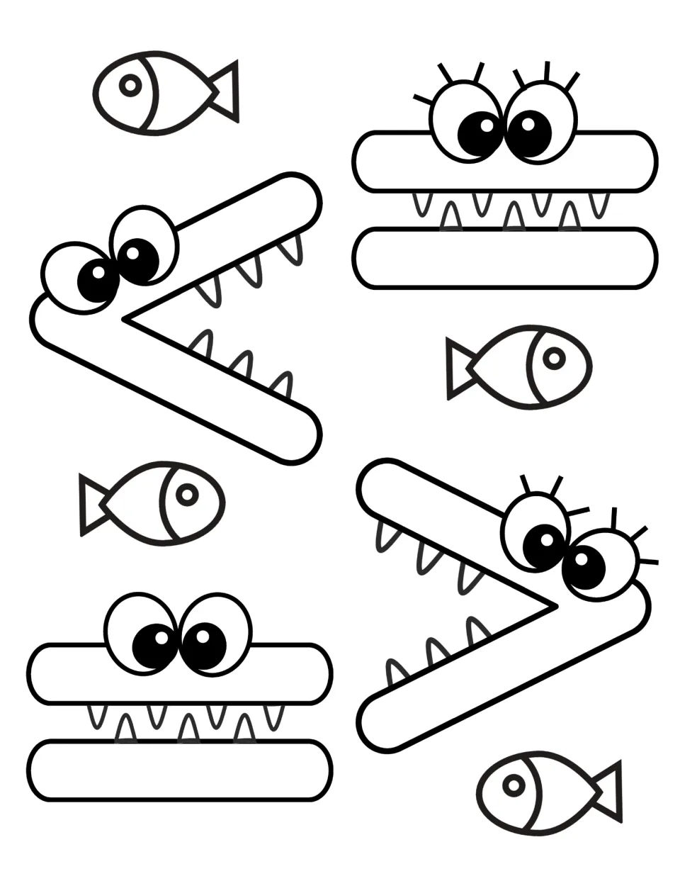 Alligator symbols in black and white: less-than, greater-than and equal-sign gators with fish for comparing numbers