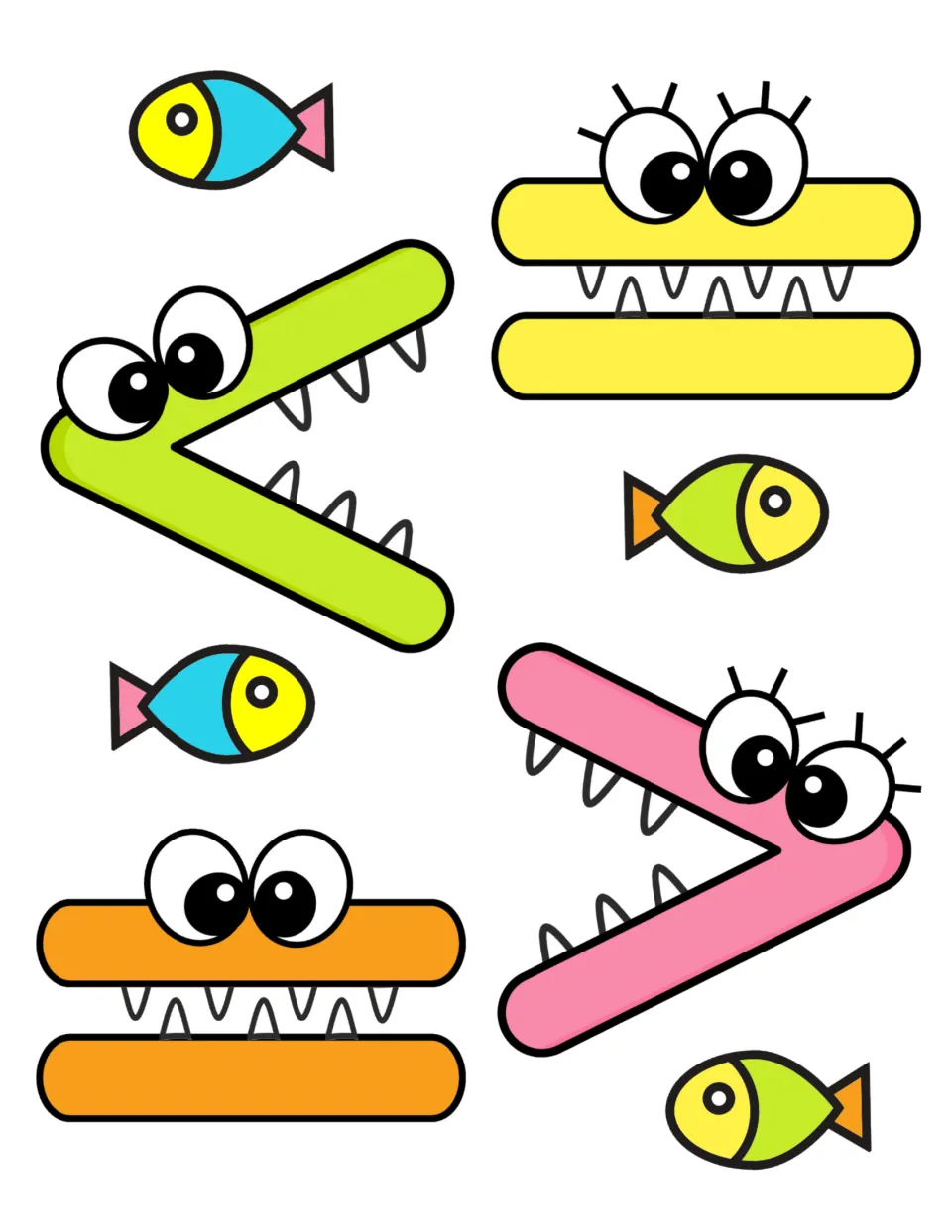 Colored alligator examples: green less-than, pink greater-than, yellow and orange equal-sign gators among fish