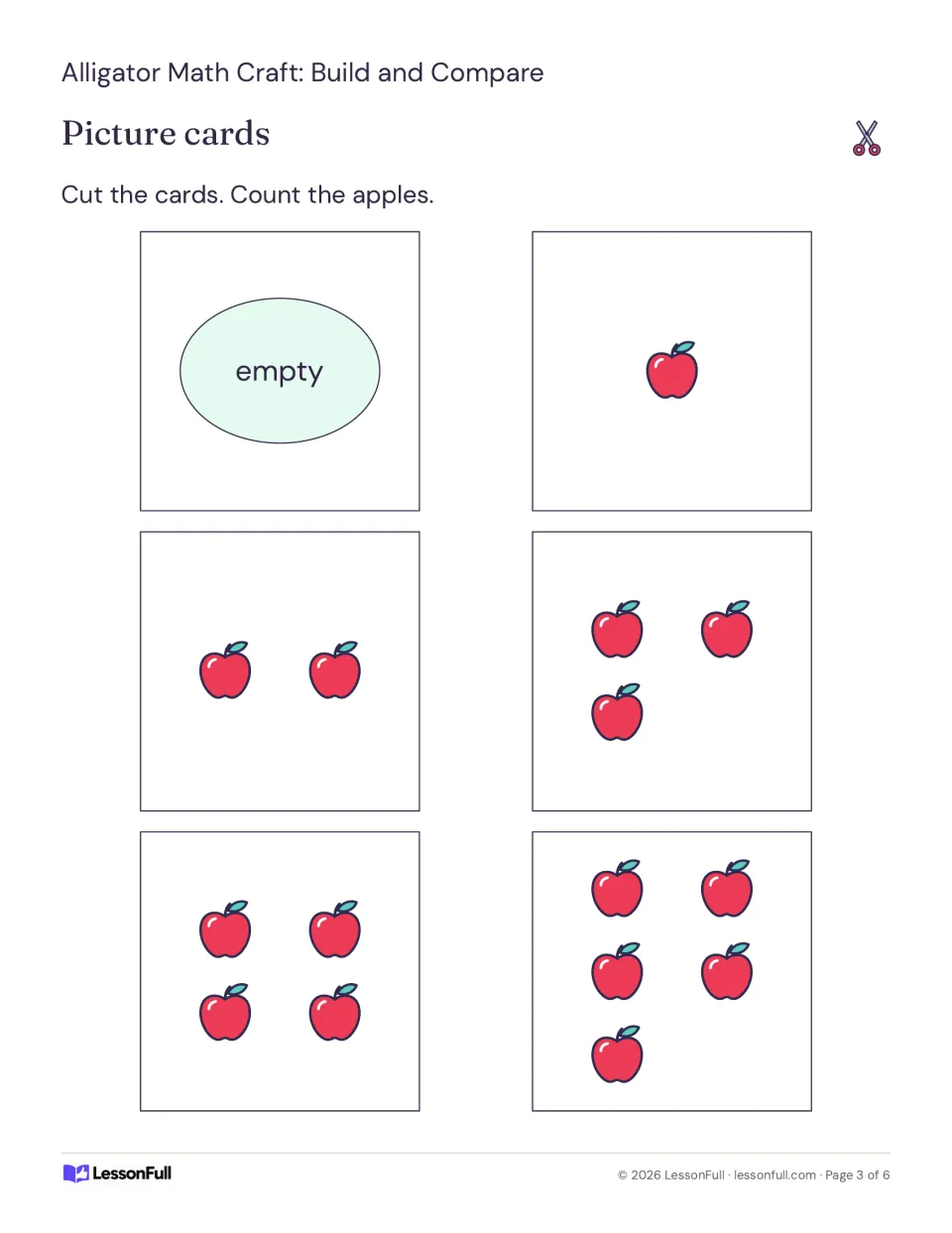 Picture cards to cut out showing groups of apples from an empty card up to five apples for counting and comparing