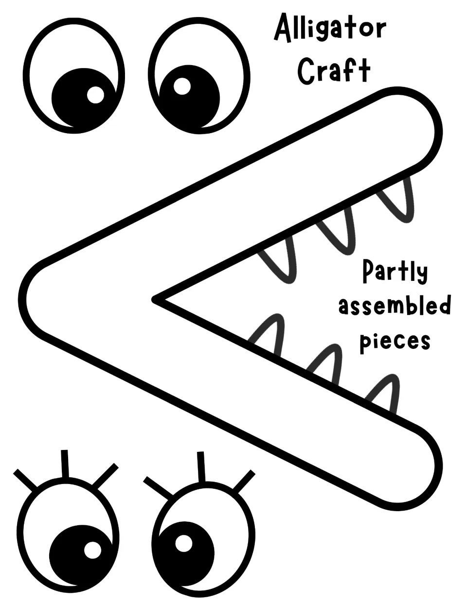 Alligator Craft partly assembled pieces: less-than mouth with teeth attached, plus two pairs of cut-out eyes