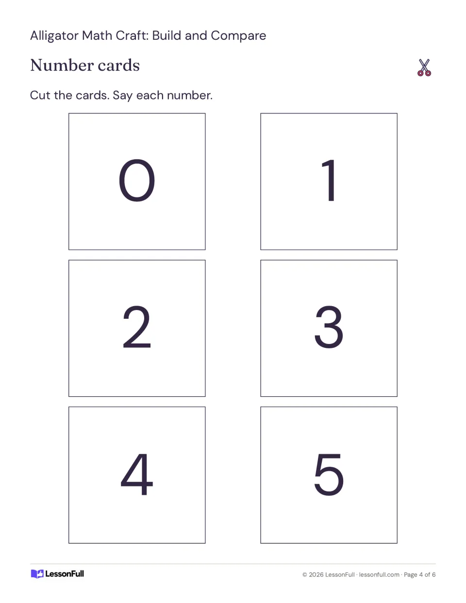 Number cards 0 to 5 to cut out; children say each numeral and use the cards on the comparing mat