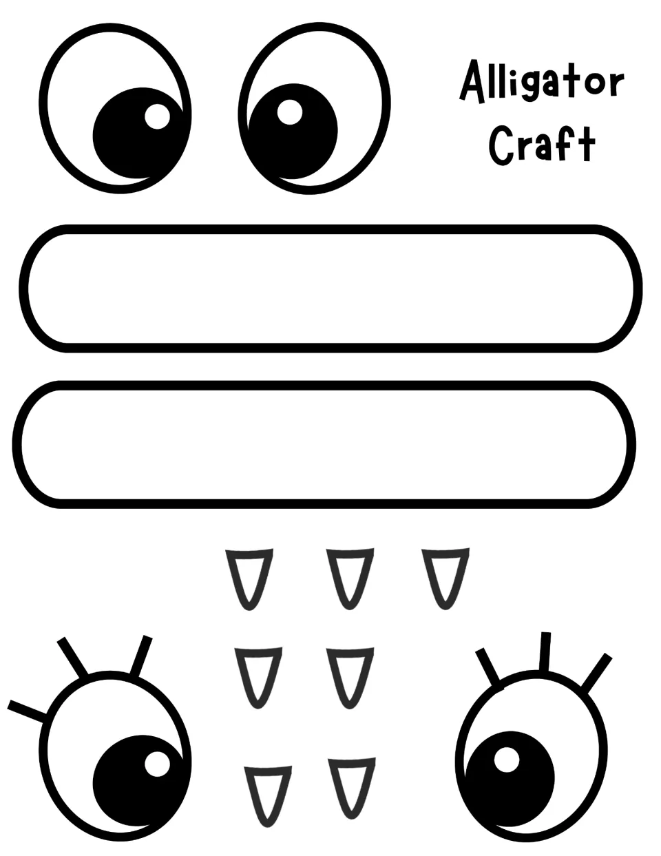Equal-sign alligator template: two bars, eight loose teeth and two pairs of eyes to cut out and assemble