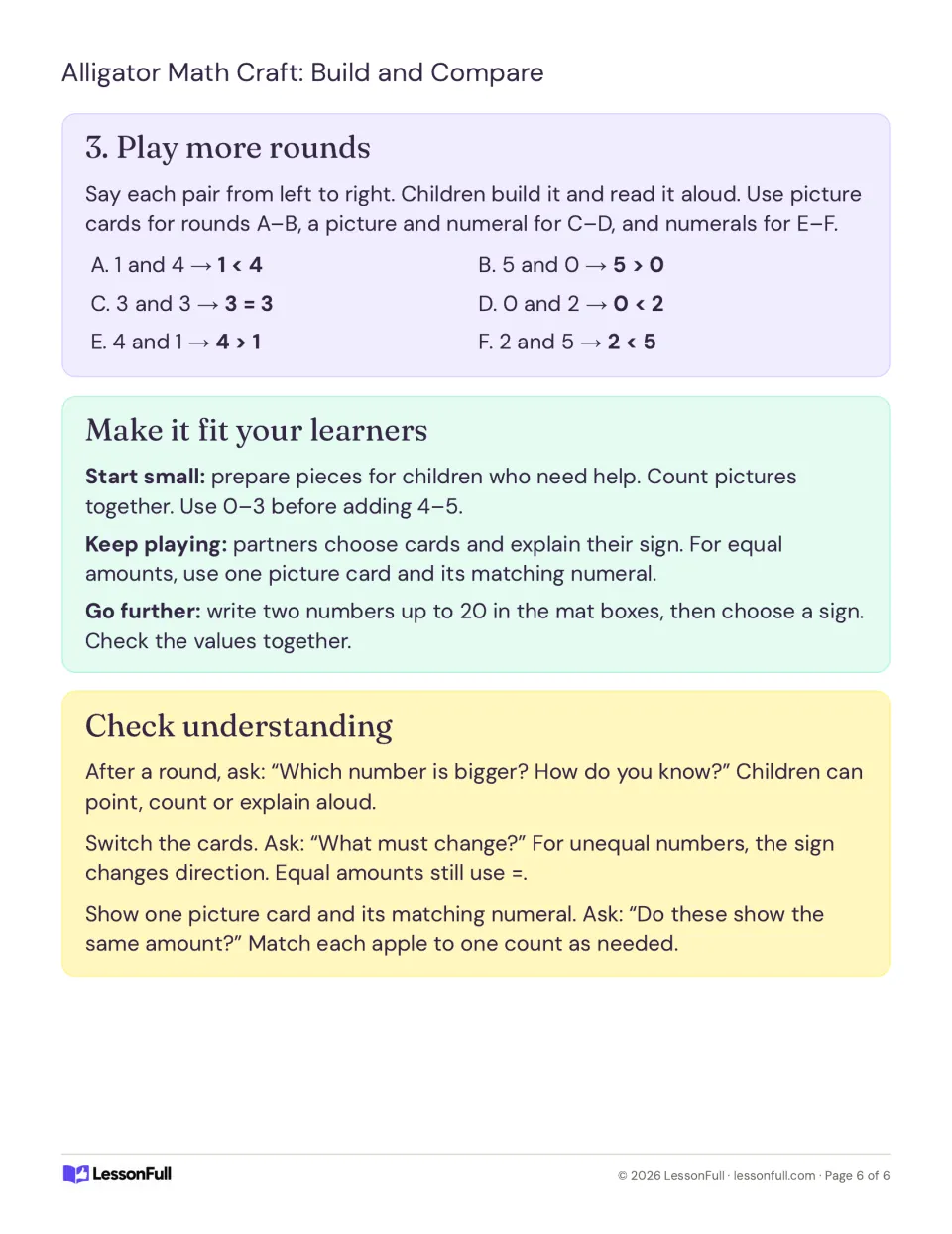 Teacher rounds A to F for comparing pairs like 1 and 4 or 3 and 3, ways to adapt, and questions to check understanding