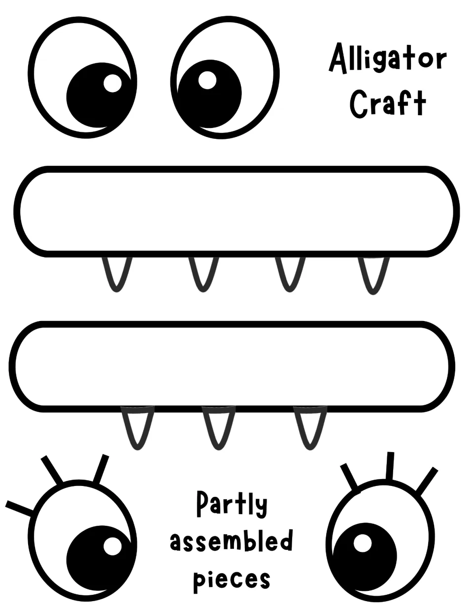 Equal-sign alligator partly assembled: two bars with teeth attached plus two pairs of eyes to cut out