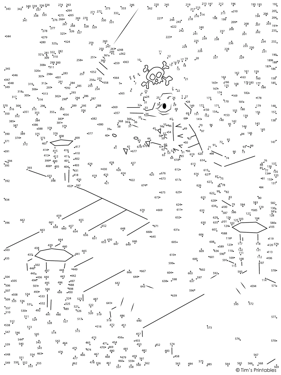 Alligator pirate dot-to-dot activity with dots numbered 1–679 to connect and reveal the pirate scene