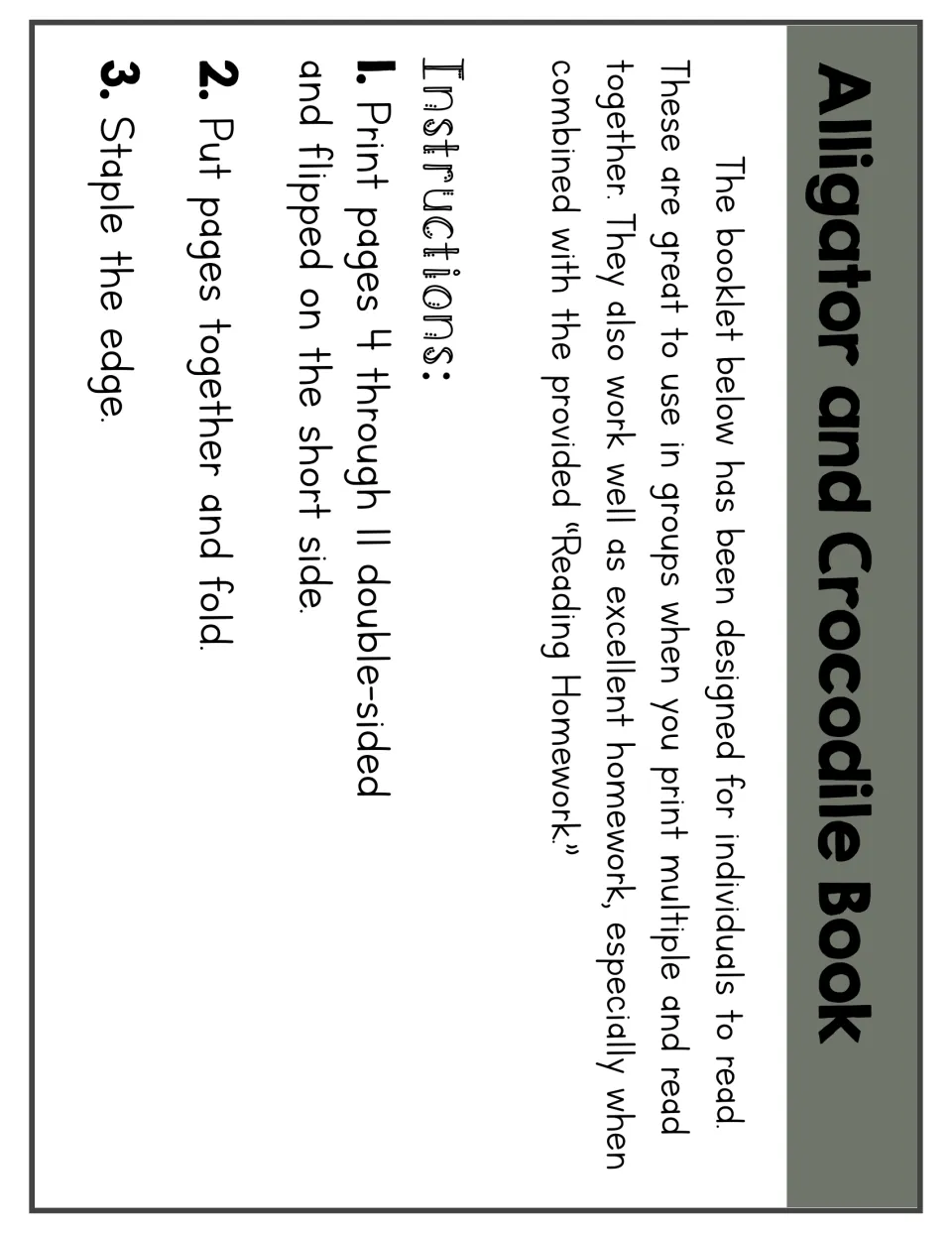 Booklet assembly instructions: print pages 4–11 double-sided, flip on the short side, fold, and staple