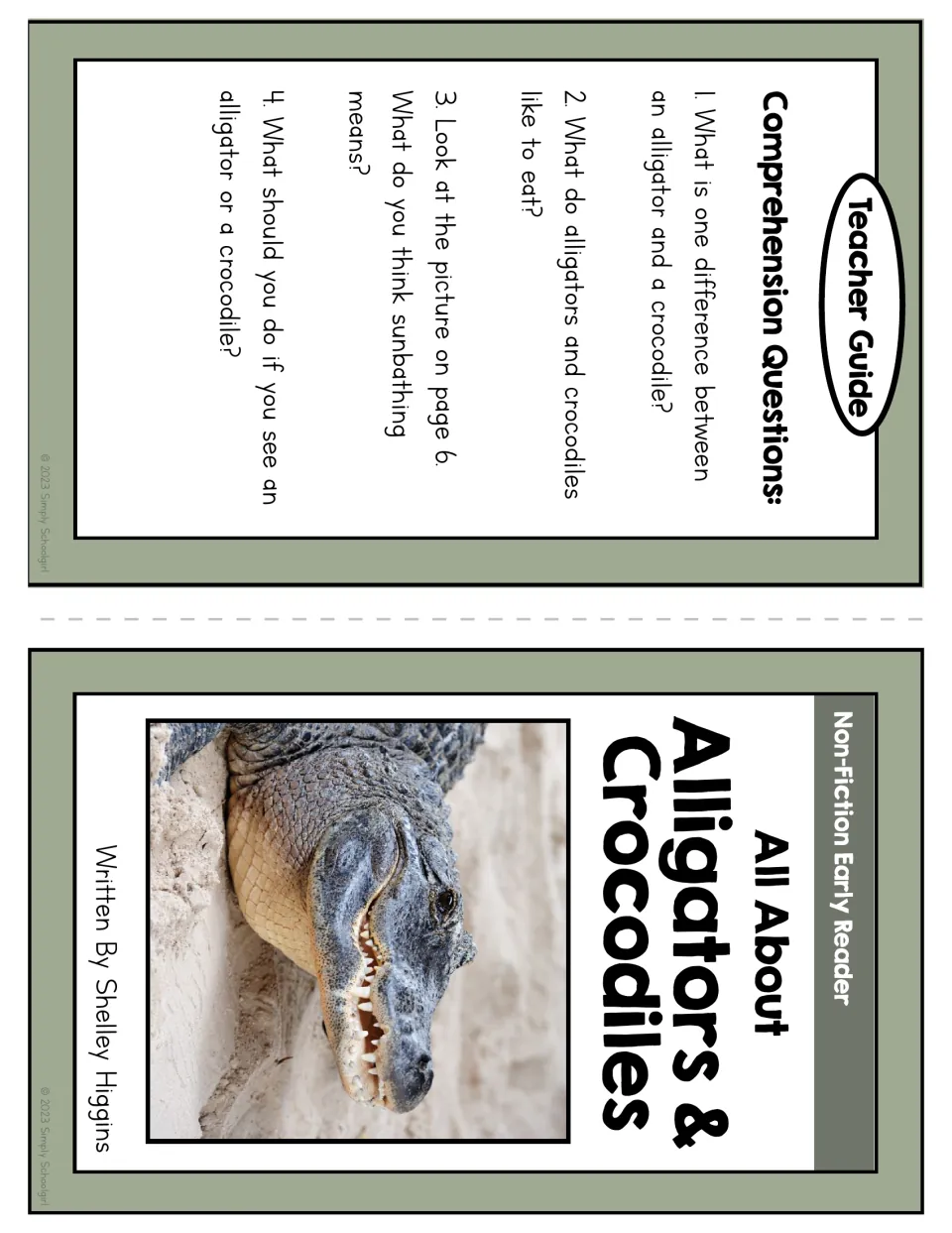 Booklet title page and teacher guide with four questions about differences, food, sunbathing, and safety