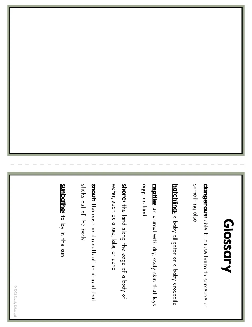 Booklet glossary defines dangerous, hatchling, reptile, shore, snout, and sunbathe beside a blank panel