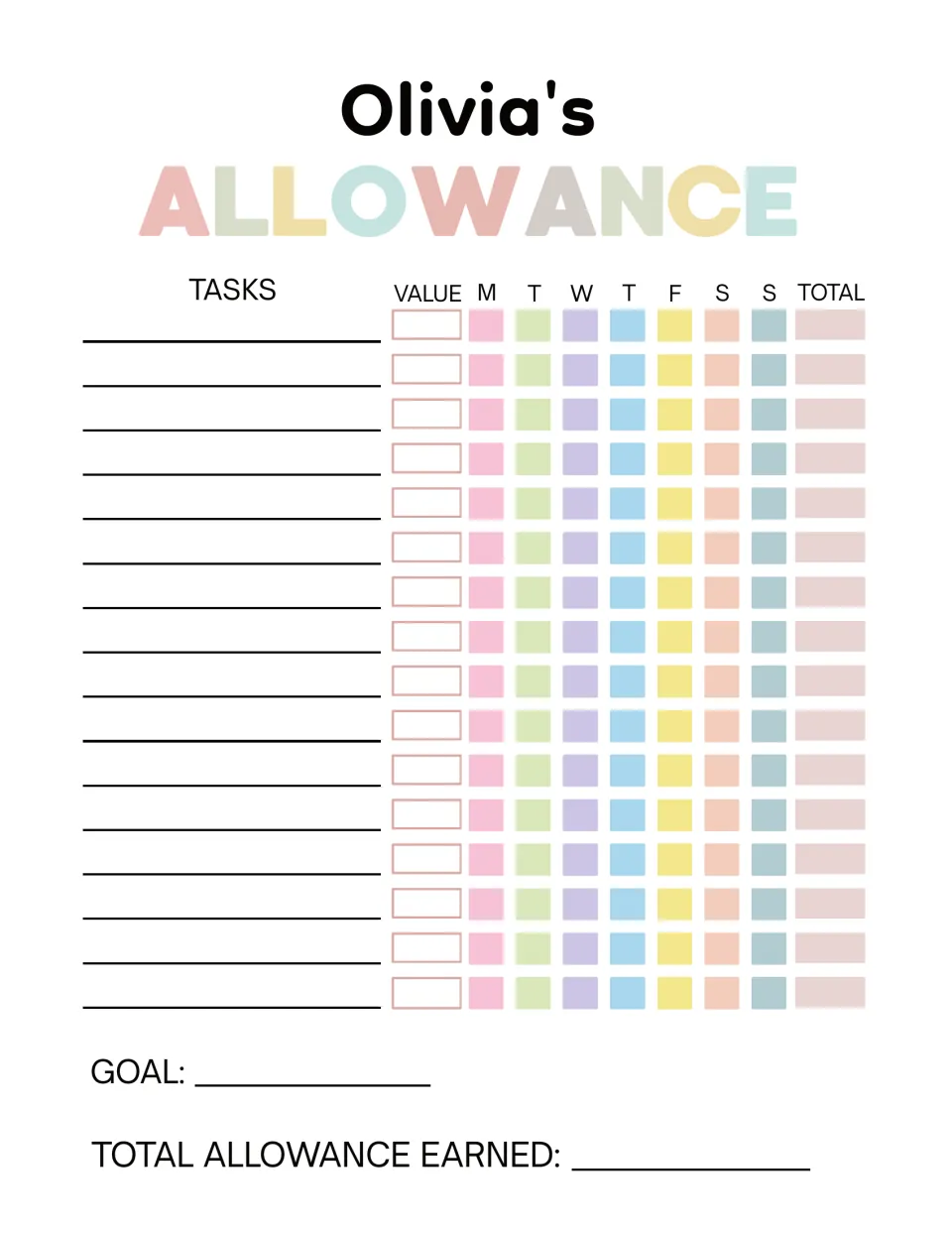 Olivia's Allowance tracker: kids list 16 tasks, a value for each, mark Monday to Sunday and total, plus goal and earnings