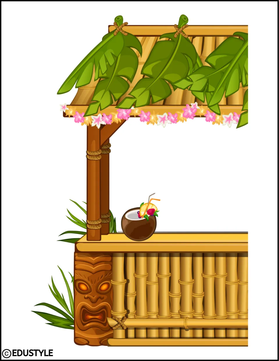 Left section of an enlarged tropical stand for the Hawaiian summer decor kit, with a coconut drink and leafy roof