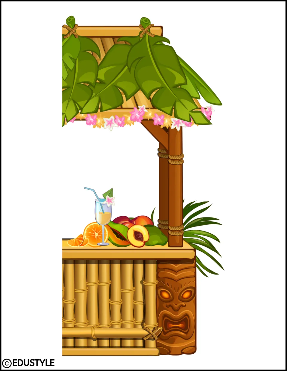Right section of an enlarged tropical stand for the Hawaiian summer decor kit, with fruit, a drink, and leafy roof