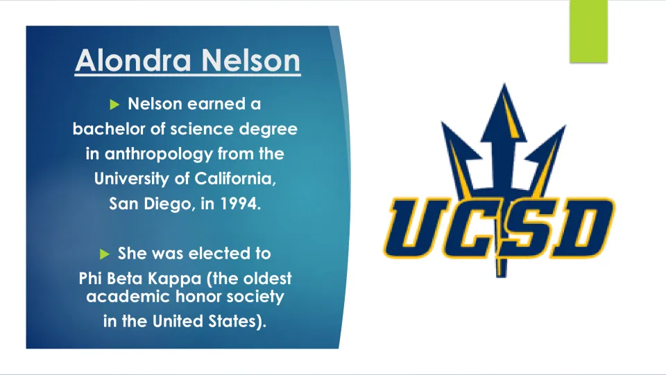 Education slide covering Nelson’s 1994 anthropology degree from UC San Diego and election to Phi Beta Kappa