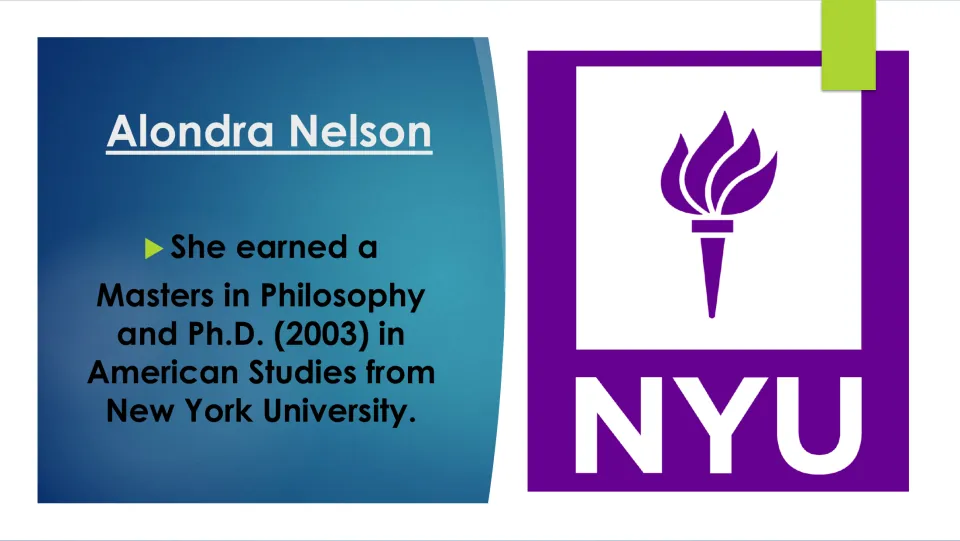 Education slide describing Nelson’s master’s in philosophy and 2003 Ph.D. in American Studies from NYU